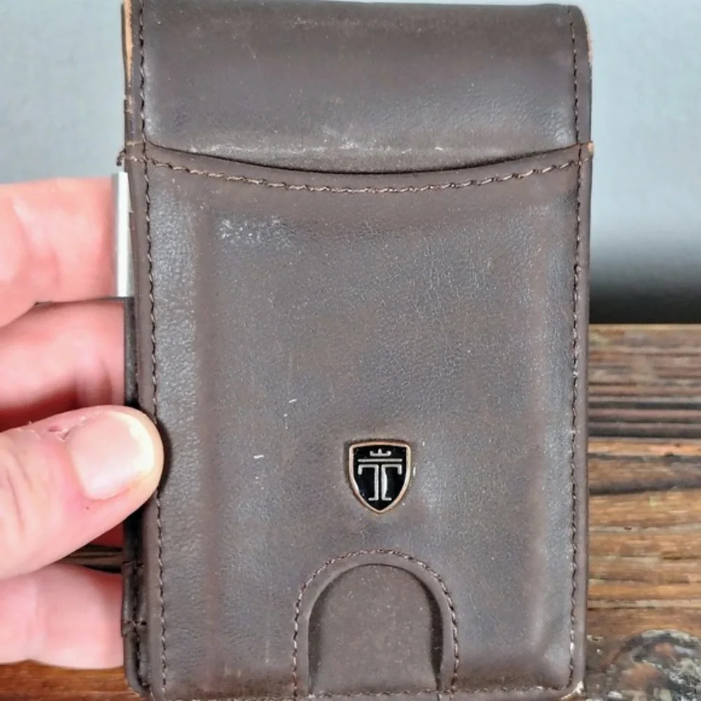 Travando Mens Leather Bifold Wallet with‎ Money Clip Brown Slim Card Holder Logo